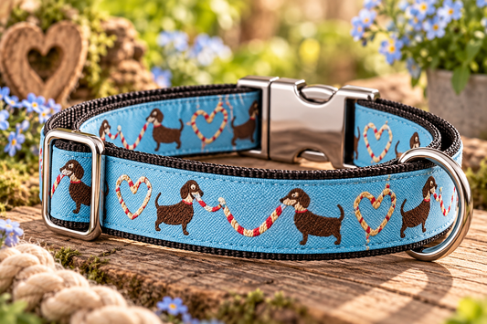 Dackel – Liebe am See: Webband mit Dackeln & Zuckerstangen – Ripsband – 16 mm