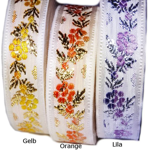 Webband in Blumendesign mit goldener oder silbernen Webung in verschiedenen Farben