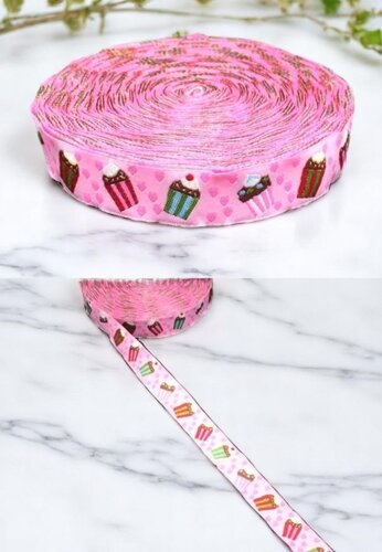 Herzchen & Cupcakes – 16 mm Webband in Rosa