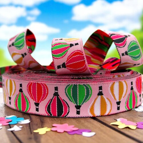 Hoch hinaus – Webband 16 mm mit Heißluftballons auf Rosa