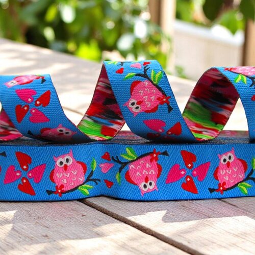 Eulenliebe in Blau – Webband 16 mm mit Herzchen