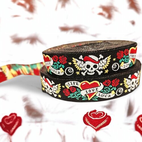 Webband „Life Love Luck“ – Totenkopf mit Engelsflügeln, Rosen & Sterne in 20mm