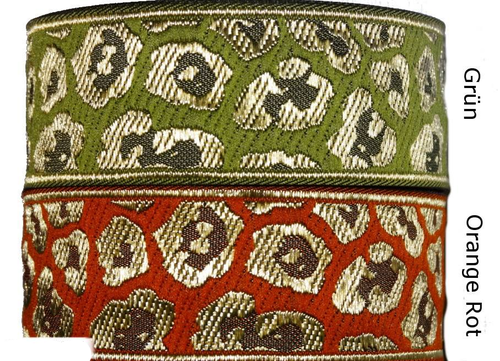 Leopardenmuster Webbänder in Gold - Exotische Eleganz in Orange und Grün