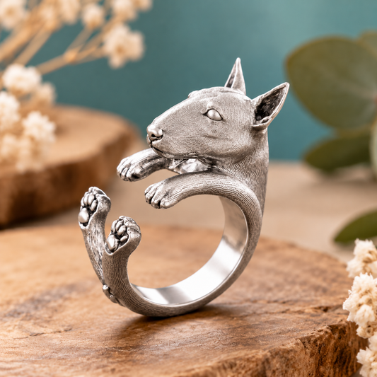 Bullterrier Wickelring versilbert 3D Hundemotiv