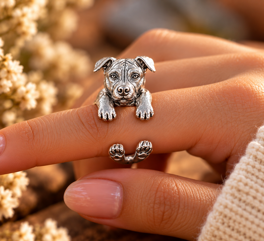 Versilberter Amstaff 3D-Wickelring mit Hund und Pfoten als Tragebild