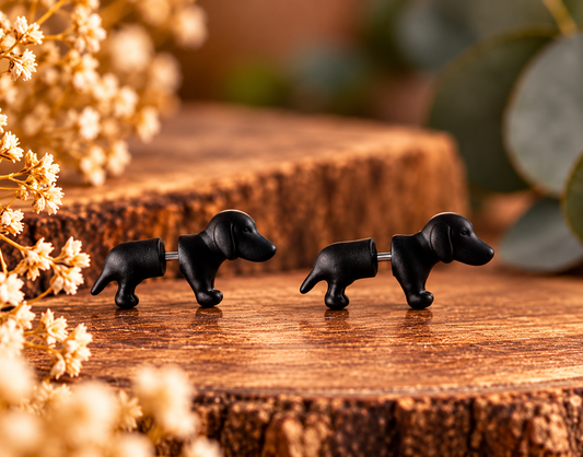 Schwarze Dackel-Ohrstecker aus Aluminium als Präsentationsbild