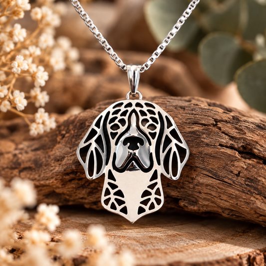 Versilberte Deutscher-Drahthaar-Halskette mit filigranem Hunde-Anhänger als Präsentationsbild