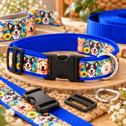 DIY-Inspiration: blaues Hundehalsband mit Hundemotiv und lose Materialien zum Selbernähen