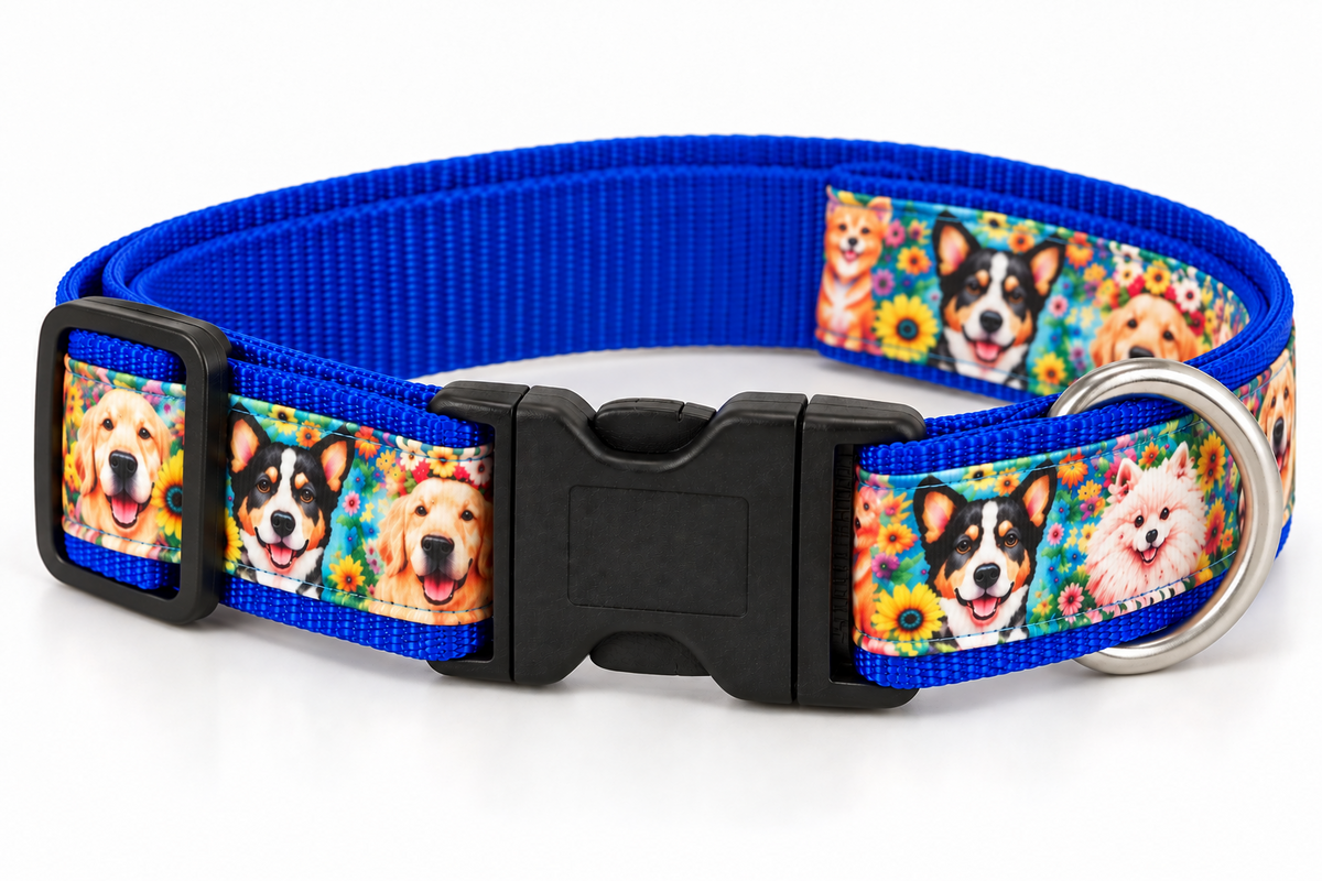 Nähinspiration für die klassische Ausstattung: blaues Halsband mit Hundemotiv und Kunststoffbeschlägen