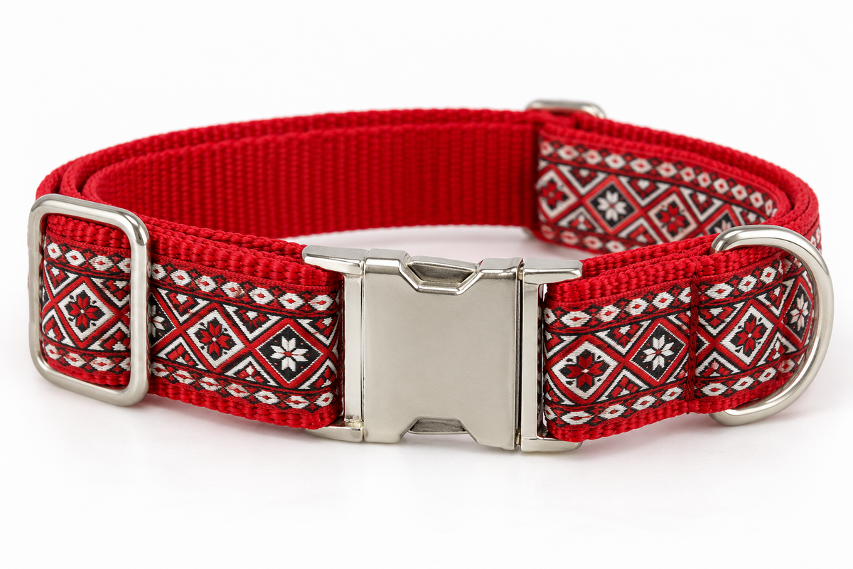 Nähinspiration für Standard Metall: rotes Halsband mit geometrischem Zierband