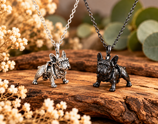 3D Französische-Bulldogge-Halskette in Silber und Schwarz als Präsentationsbild