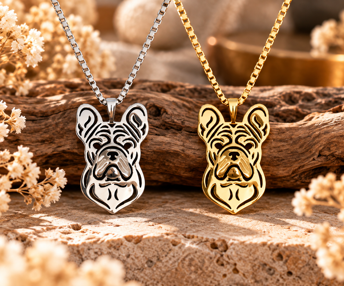 Französische-Bulldogge-Halskette in versilberter und vergoldeter Ausführung
