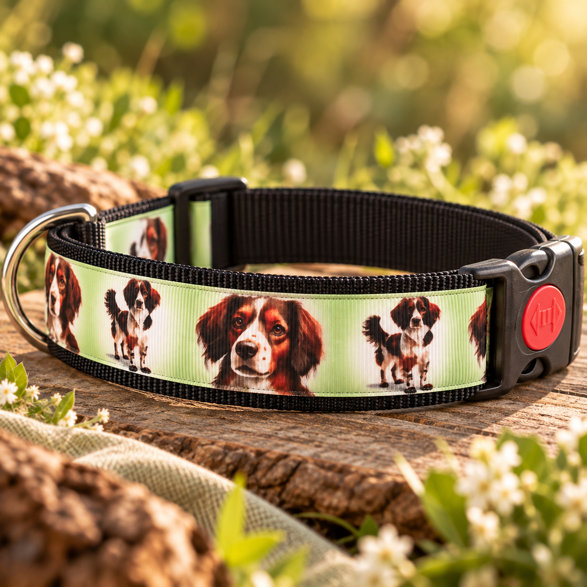 Hundehalsband mit Spanielmotiven auf schwarzem Gurtband im Grünen