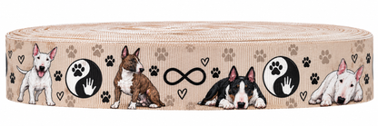 22 mm Ripsband mit Bullterrier-Motiv: Beige, Rosé, Schwarz, Weiß und Braun, Produktansicht auf weißem Hintergrund