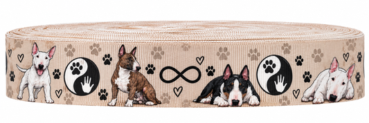 22 mm Ripsband mit Bullterrier-Motiv: Beige, Rosé, Schwarz, Weiß und Braun, Produktansicht auf weißem Hintergrund