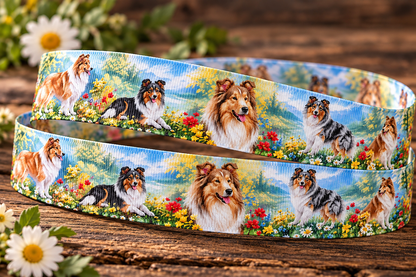 Collies-Ripsband 25 mm in Hellblau, Grün, Gelb, Rot, Braun, Schwarz und Weiß, gestaltetes Hauptbild