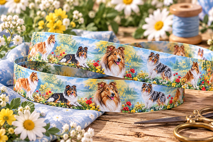 Collies-Ripsband 25 mm in Hellblau, Grün, Gelb, Rot, Braun, Schwarz und Weiß, zusätzliche dekorative Produktansicht
