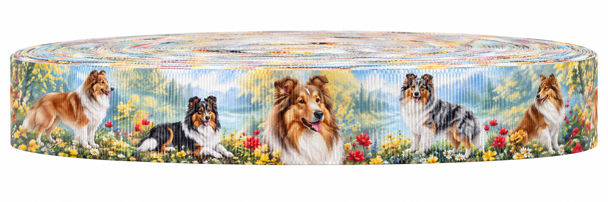Collies-Ripsband 25 mm in Hellblau, Grün, Gelb, Rot, Braun, Schwarz und Weiß, Motivansicht auf weißem Hintergrund
