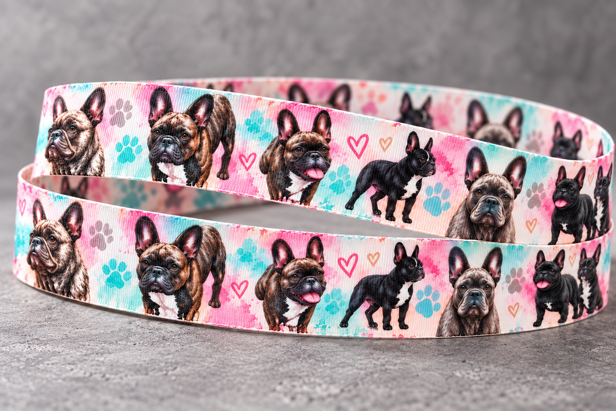 Frenchies-Ripsband 22 mm in Rosa, Türkis, Weiß, Braun und Schwarz, gestaltetes Hauptbild