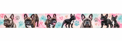 Frenchies-Ripsband 22 mm in Rosa, Türkis, Weiß, Braun und Schwarz, Motivansicht auf weißem Hintergrund
