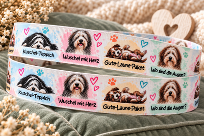 Bearded Collie-Ripsband 25 mm in Weiß, Rosa, Türkis, Grau, Braun und Schwarz, gestaltetes Hauptbild