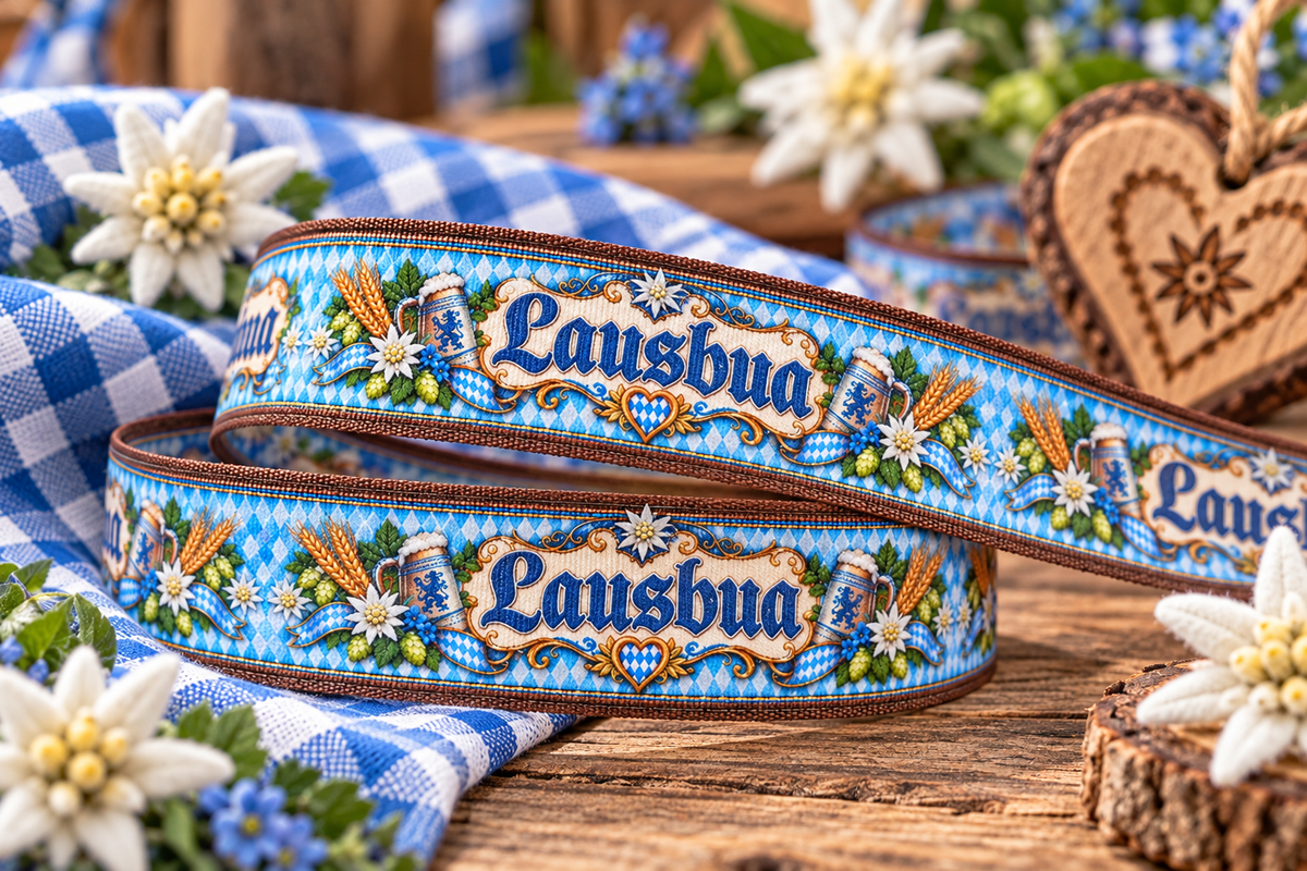Lausbua-Ripsband 25 mm in Blau, Weiß, Braun, Grün und Gelb, gestaltetes Hauptbild