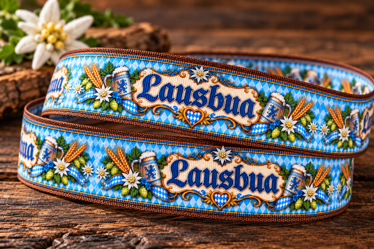 Lausbua-Ripsband 25 mm in Blau, Weiß, Braun, Grün und Gelb, zusätzliche dekorative Produktansicht