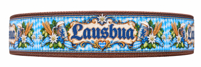 Lausbua-Ripsband 25 mm in Blau, Weiß, Braun, Grün und Gelb, Motivansicht auf weißem Hintergrund