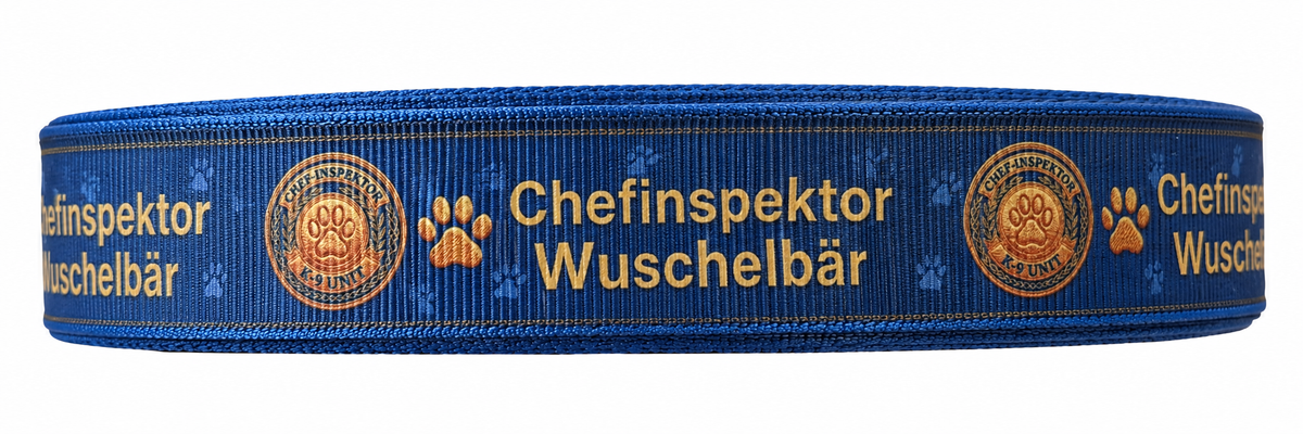 Chefinspektor-Ripsband 22 mm in Dunkelblau und Goldfarben, Motivansicht auf weißem Hintergrund