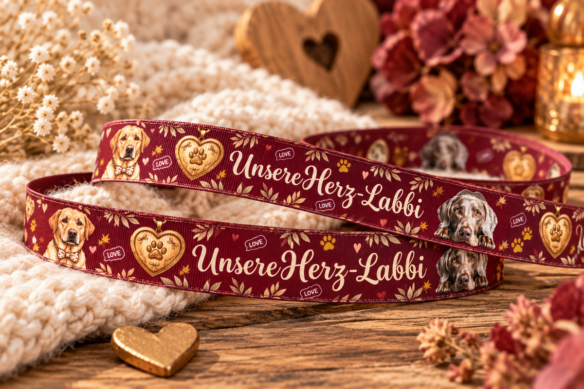 Unser Herz Labbi-Ripsband 22 mm in Bordeauxrot, Goldfarben, Beige, Braun und Schwarz, gestaltetes Hauptbild