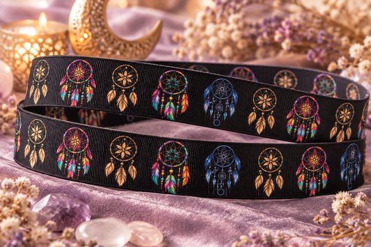 Traumfänger-Ripsband 22 mm in Schwarz, Türkis, Rosa, Gelb und Goldfarben, gestaltetes Hauptbild