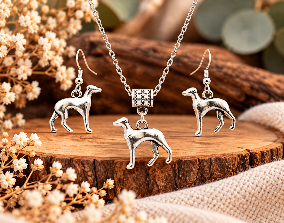 Versilbertes Windhund-Schmuckset mit Halskette und passenden Ohrringen